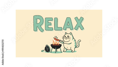 Funny Barbecue Cat Grilling Sausage "RELAX" Summer Illustration