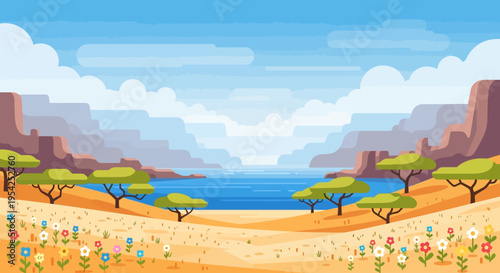 Pixel Art Landscape: Desert Oasis with Lake and Mountains