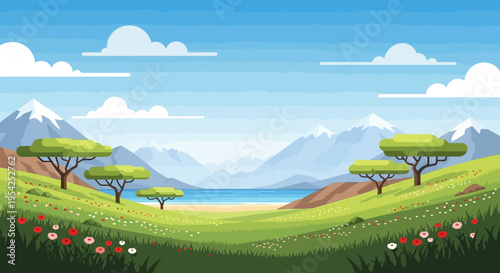 Pixel Art Landscape: Green Hills, Snow Mountains, Ocean, and Blooming Flowers
