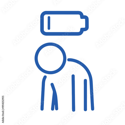 Blue line art icon depicting a tired person with a low battery symbol representing burnout exhaustion mental fatigue and lack of energy