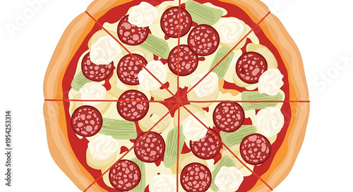 A delicious pepperoni pizza cut into slices on a white background