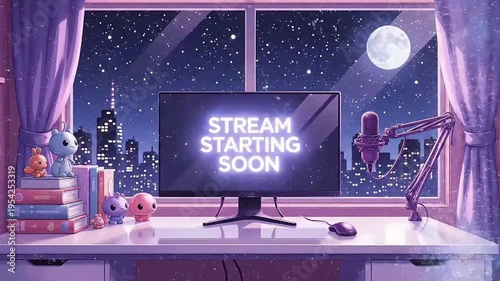 Stream starting soon screen, overlay loop, animated virtual backgrounds, anime style streamer gaming room view. vtuber asset twitch zoom OBS. 4K Video