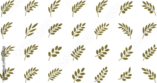 Olive branch icons in various orientations on white background for design and decoration