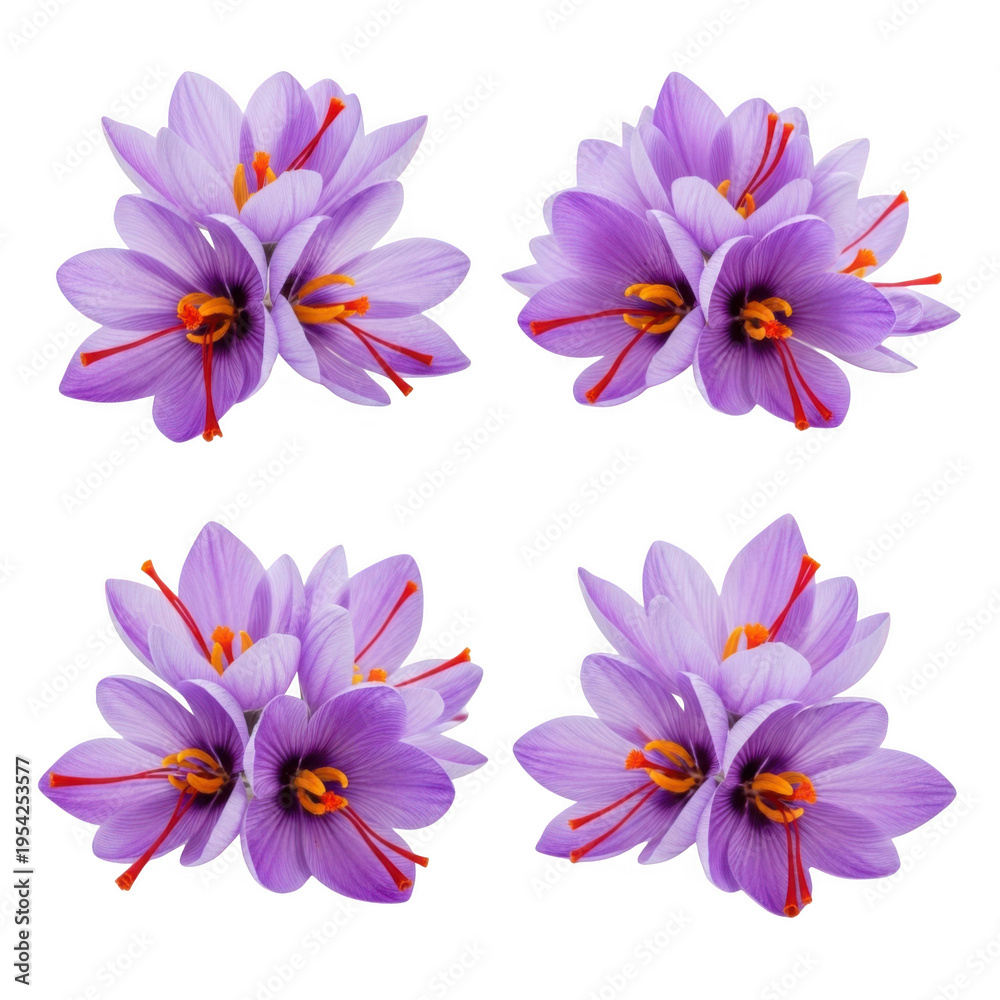 Obraz premium Four purple saffron flowers with orange stamens isolated on transparent background
