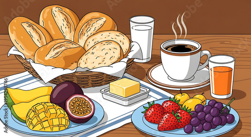 A colorful vector illustration of a breakfast spread on a wooden table with bread, fruits, and beverages