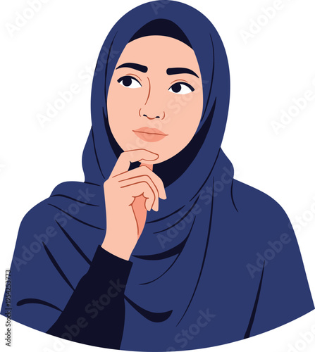 Thoughtful Muslim woman in blue hijab looking up with finger on chin in contemplation