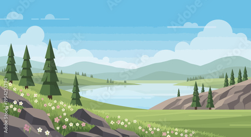 Pixel Art Landscape: Serene Lake, Rolling Hills, and Wildflowers in a Vibrant Nature Scene