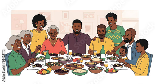 A diverse family gathers around a table for a meal together in a warm and inviting setting.