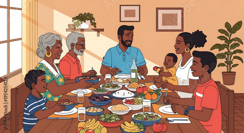 A diverse multi-generational family enjoying a meal together in a warm and inviting home setting.