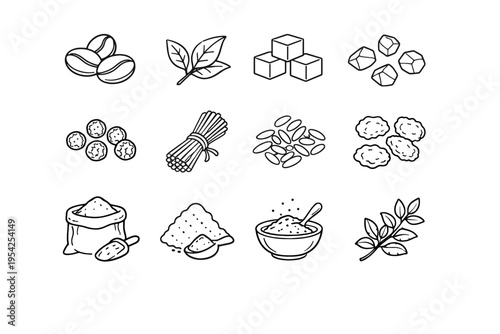 Cubes leaves basics flakes grains kitchen vector icons mix coffee tea salt