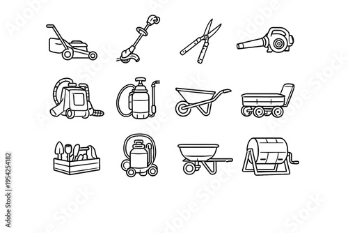 Vector icon mower spreader seed trimmer watering carrier clipper garden turner tools