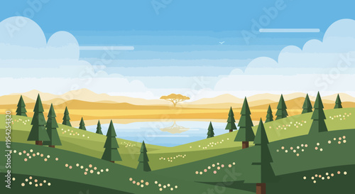 Pixel Art Landscape: Serene Hills, Lake, and Trees Under a Cloudy Sky