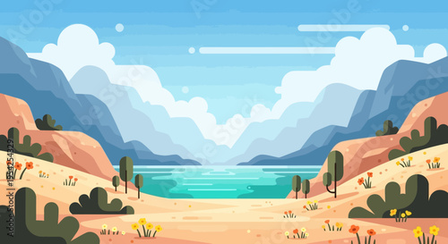 Pixel Art Landscape: Serene Lake Amidst Desert Mountains, Blooming Wildflowers, and Cloudy Sky