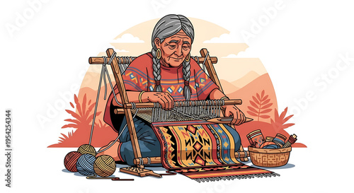 A Native American woman weaving a colorful rug on a traditional loom in a desert landscape