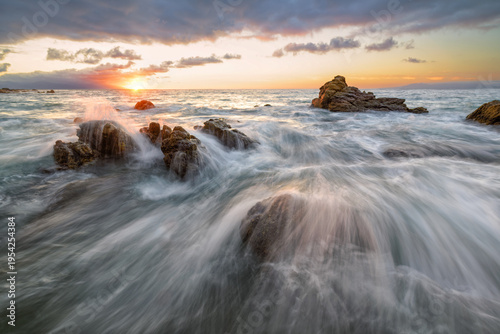 Sunset Ocean Seascape Landscape Dramatic Water Flowing Over Rocks Beautiful Tropical Nature Scenic Sunrise
