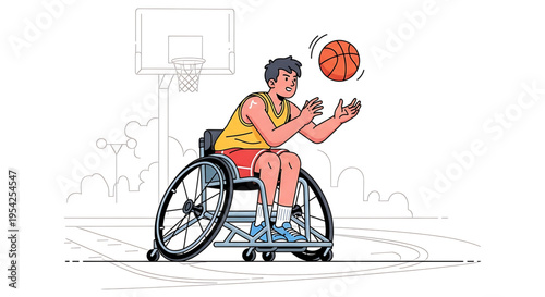 A young man in a wheelchair playing basketball on an outdoor court with a hoop and ball in motion.