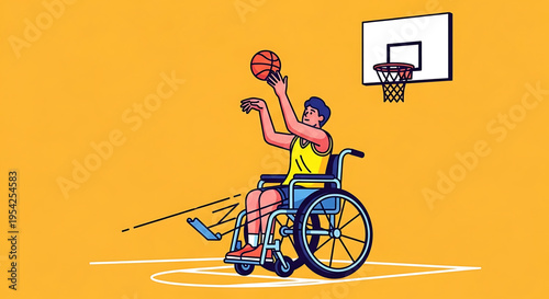 A vibrant illustration of a man in a wheelchair playing basketball on a court with a hoop.