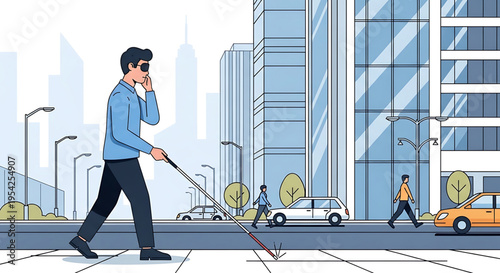 A visually impaired man navigates a city street with a white cane while on a phone call