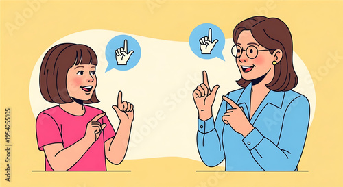 A vector graphic illustration of two women communicating with each other using sign language