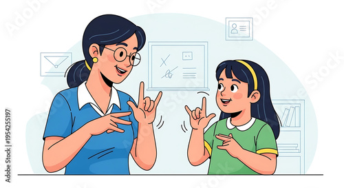 A woman and a young girl communicating with each other using sign language in a classroom setting.