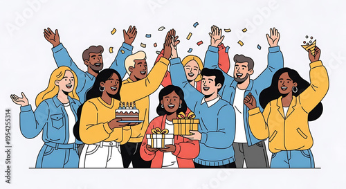 A diverse group of people celebrating a special occasion with confetti and gifts in a vibrant and joyful atmosphere.