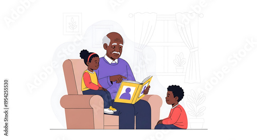A heartwarming illustration of a grandfather reading to his two grandchildren in a cozy living room setting.