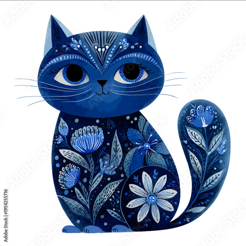isolated clipart image of watercolor gouache blue floral folk geometric cat vector icon monochrome simple logo for kids on a white background