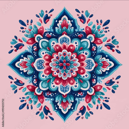 isolated clipart image of gouache frames floral folk geometric red pink blue turquoise teal symmetry pattern tile vector icon monochrome simple logo for ki