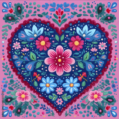 isolated clipart image of gouache floral folk geometric hearts red pink blue turquoise teal pattern tile vector icon monochrome simple logo for k