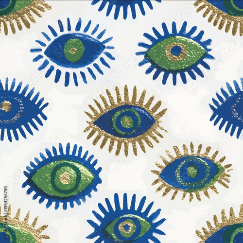 isolated clipart image of watercolor geometric vertical stripes blue gold green foil handpainted evil eye repetitive pattern linocut vector icon