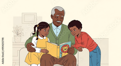 A heartwarming illustration of a senior man reading a book to two children on a couch in a cozy living room