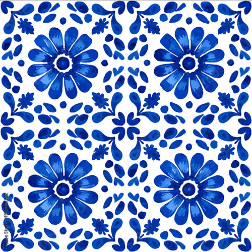 isolated clipart image of grids gouache blueand white borders strips floral folk geometric pattern tile vector icon monochrome simple logo for kids on a wh