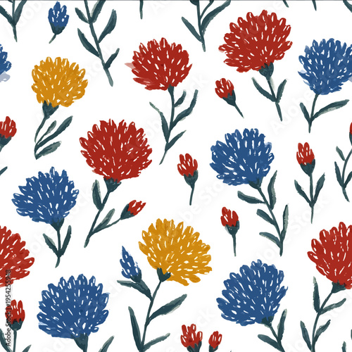 isolated clipart image of watercolor geometric wildflowers red blue yellow handpainted repetitive pattern block print Indian linocut vector icon