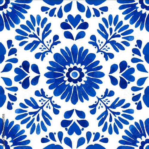 isolated clipart image of watercolor grids gouache blueand white borders strips floral folk geometric pattern tile vector icon monochrome simple