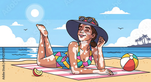 A vibrant cartoon illustration of a woman relaxing on a beach towel at the beach