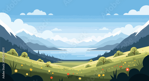 Pixel Art Landscape: Serene Mountain Lake Valley with Wildflowers and Snow-Capped Peaks