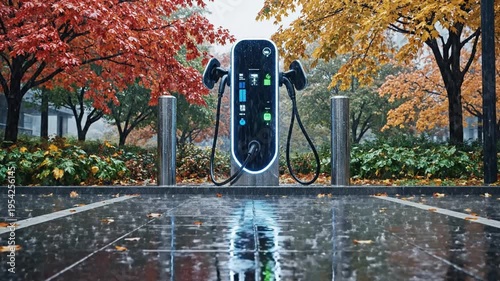 Electric vehicle charging station on a rainy day in an autumnal parking lot with trees in the background