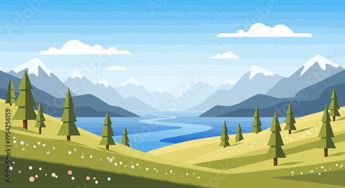 Pixel Art Landscape: Serene Mountain Lake with Pine Trees and Rolling Hills