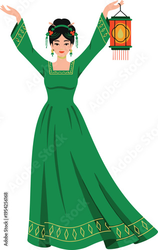 Woman in green dress holding lantern on white background, Celebrating or dancing with arms up in festive atmosphere