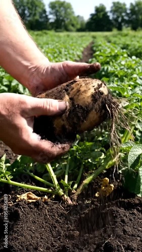 Farmer harvesting potato in a field with lush green plants growing in rows