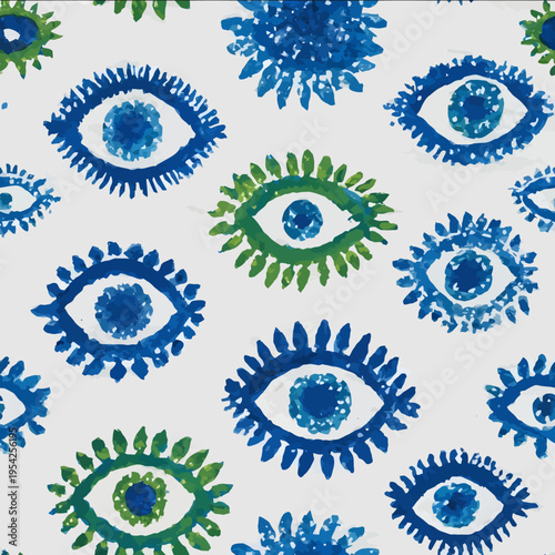 isolated clipart image of watercolor geometric blue green handpainted evil eye repetitive pattern linocut vector icon monochrome simple logo for kids on a