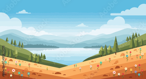 Pixel Art Landscape: Serene Lake, Rolling Hills, and Wildflowers Under a Blue Sky