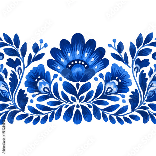 isolated clipart image of gouache blueand white borders strips floral folk geometric pattern tile vector icon monochrome simple logo for kids on a white ba
