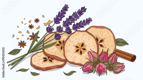 Aromatic Botanical Blend Illustration with Dried Apple Slices, Lavender, Rosebuds, Cinnamon, and Star Anise for Natural Fragrance