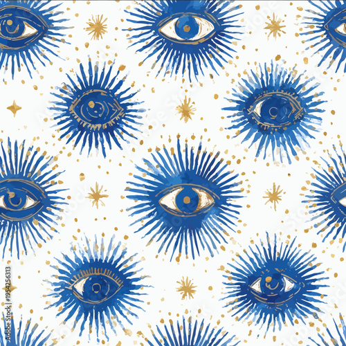 isolated clipart image of watercolor geometric evil eye sunrays blue yellow handpainted repetitive pattern linocut vector icon monochrome simple logo for k