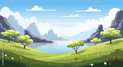 Pixel Art Landscape: Serene Lake, Rolling Hills, Mountains, and Trees in Vibrant Colors