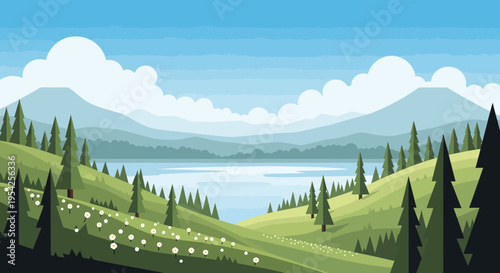 Pixel Art Landscape: Serene Lake, Rolling Hills, Pine Forest, and Mountains