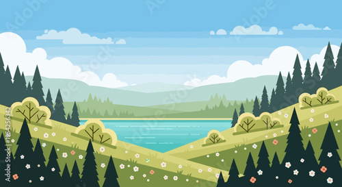 Pixel Art Landscape: Serene Lake, Rolling Hills, Pine Forest, and Wildflowers under Blue Sky