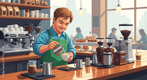 A barista expertly prepares a cup of coffee in a modern coffee shop with various coffee machines and equipment