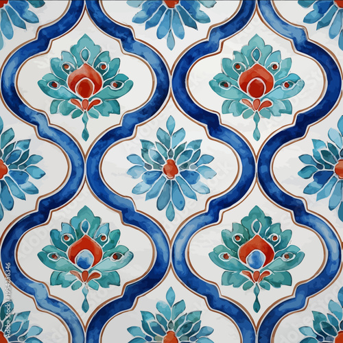 isolated clipart image of watercolor turquoise blue white red turkish ottoman quatrefoil seamless tiles vector icon monochrome simple logo for ki
